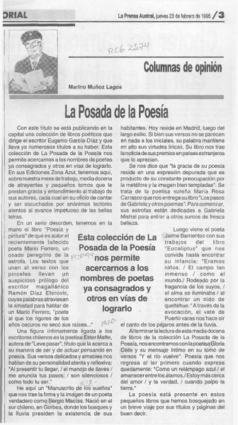 La posada de la poesía  [artículo] Marino Muñoz Lagos.