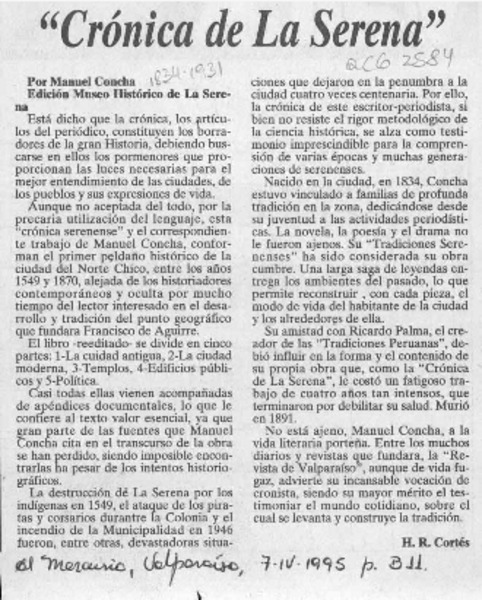 "Crónica de La Serena"  [artículo] H. R. Cortés.