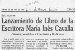 Lanzamiento de libro de la escritora María Inés Cavalla  [artículo].