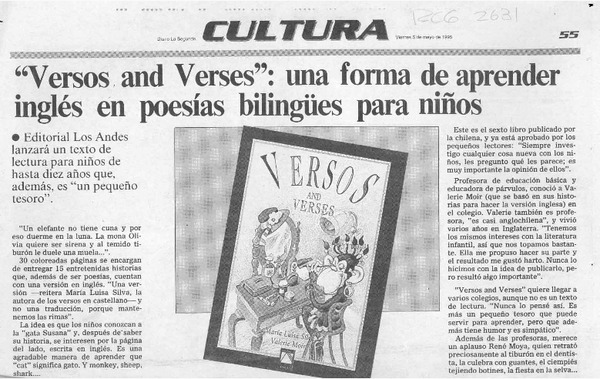 "Versos and verses", una forma de aprender inglés en poesías bilingües para niños  [artículo].