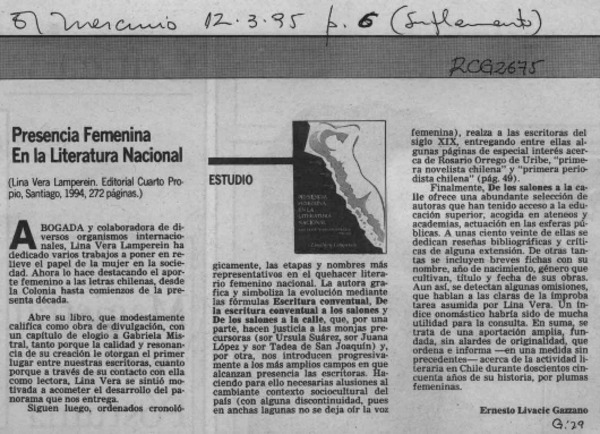 Presencia femenina en la literatura nacional  [artículo] Ernesto Livacic Gazzano.