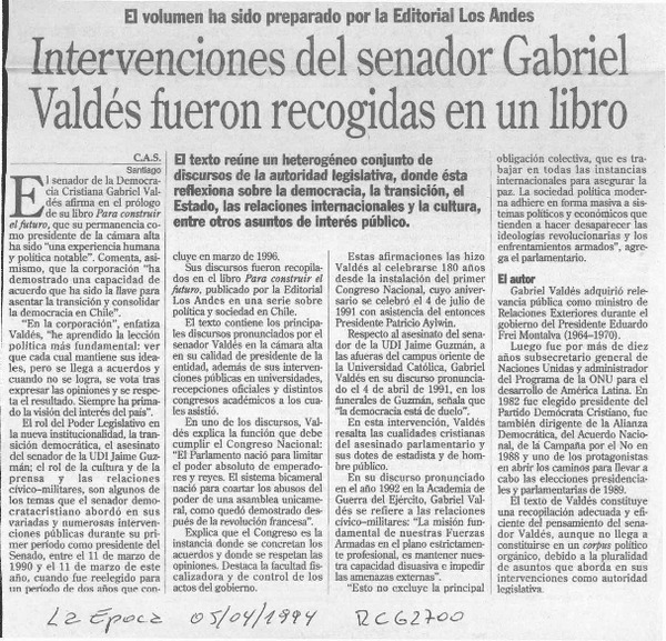 Intervenciones del senador Gabriel Valdés fueron recogidas en un libro  [artículo] C. A. S.