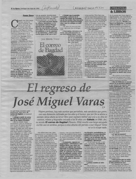 El regreso de José Miguel Varas  [artículo] Faride Zerán.