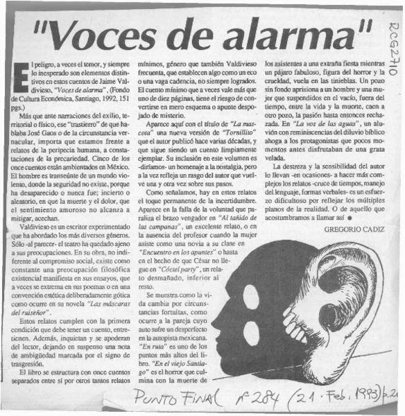 "Voces de alarma"  [artículo] Gregorio Cádiz.