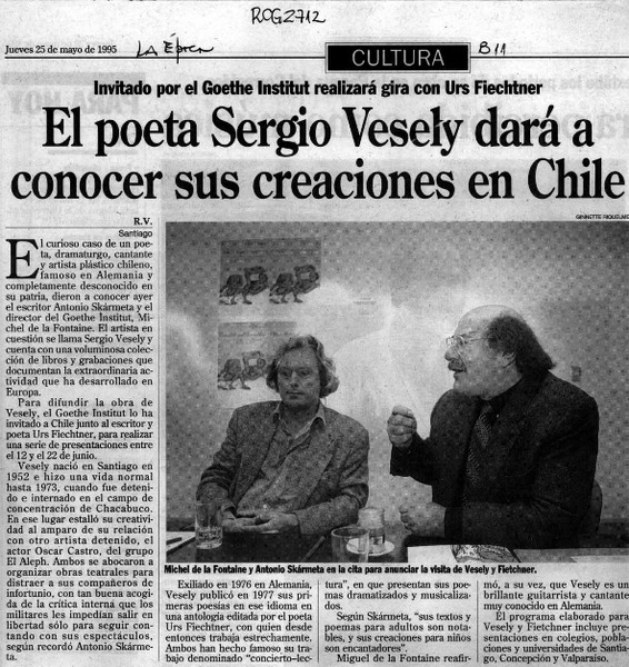 El poeta Sergio Vesely dará a conocer sus creaciones en Chile  [artículo] R. V.