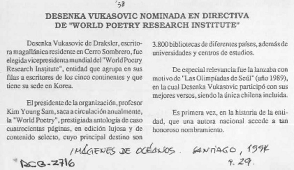 Desenka Vukasovic nominada en directiva de "World poetry research institute"  [artículo].