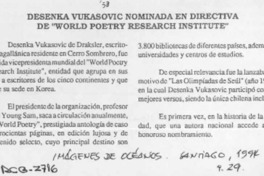 Desenka Vukasovic nominada en directiva de "World poetry research institute"  [artículo].