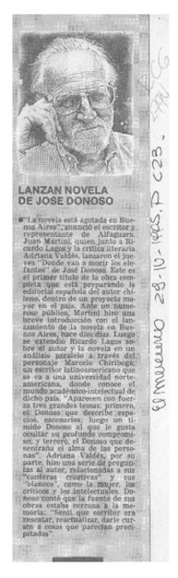 Lanzan novela de José Donoso  [artículo].