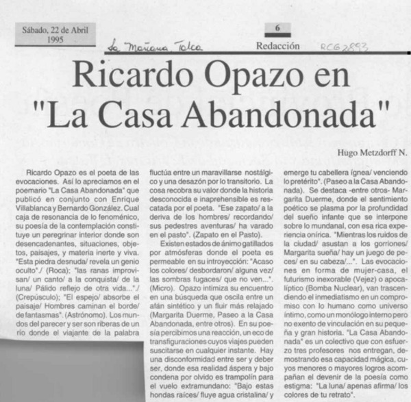 Ricardo Opazo en "La casa abandonada"  [artículo] Hugo Metzdorff N.