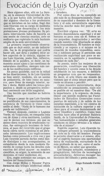Evocación de Luis Oyarzún  [artículo] Hugo Rolando Cortés.