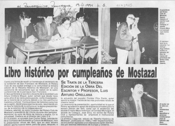 Libro histórico por cumpleaños de Mostazal  [artículo].