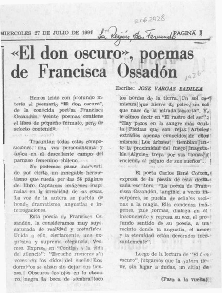 "El don oscuro", poemas de Francisca Ossandón  [artículo] José Vargas Badilla.