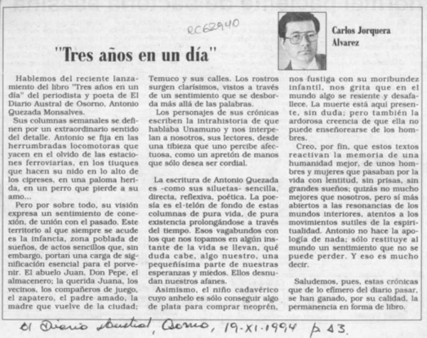 "Tres años en un día"  [artículo] Carlos Jorquera Alvarez.