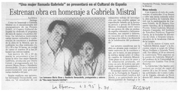 Estrenan obra en homenaje a Gabriela Mistral  [artículo].