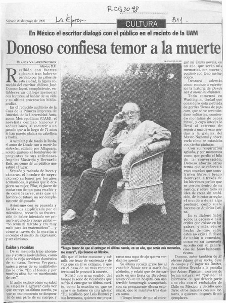 Donoso confiesa temor a la muerte  [artículo] Blanca Valadez.
