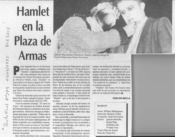 Hamlet en la Plaza de Armas  [artículo] Carlos Mella.