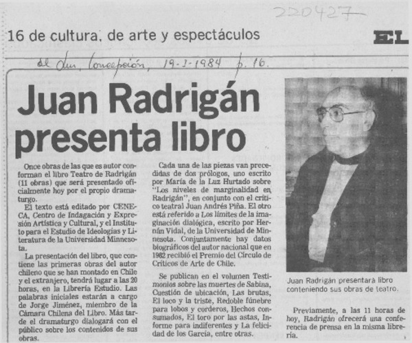 Juan Radrigán presenta libro
