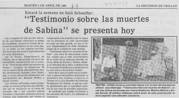 "Testimonio sobre las muertes de Sabina" se presenta hoy