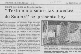 "Testimonio sobre las muertes de Sabina" se presenta hoy