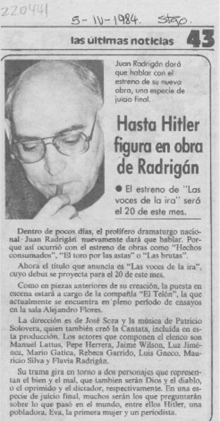 Hasta Hitler figura en obra de Radrigán
