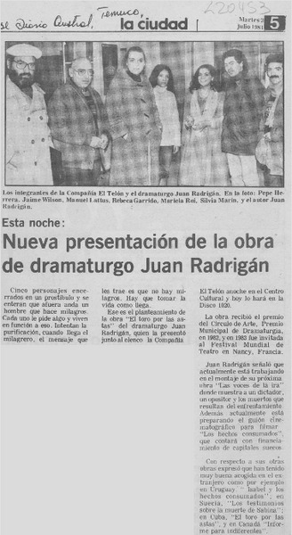 Nueva presentación de la obra de dramaturgo Juan Radrigán