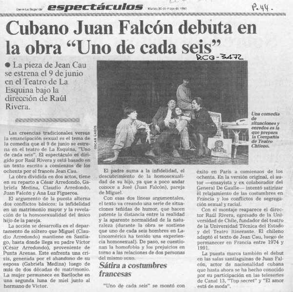 Cubano Juan Falcón debuta en la obra "Uno de cada seis"  [artículo].