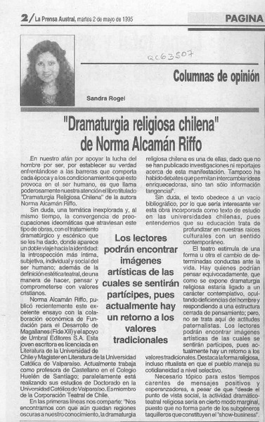 "Dramaturgia religiosa chilena" de Norma Alcamán Riffo  [artículo] Sandra Rogel.