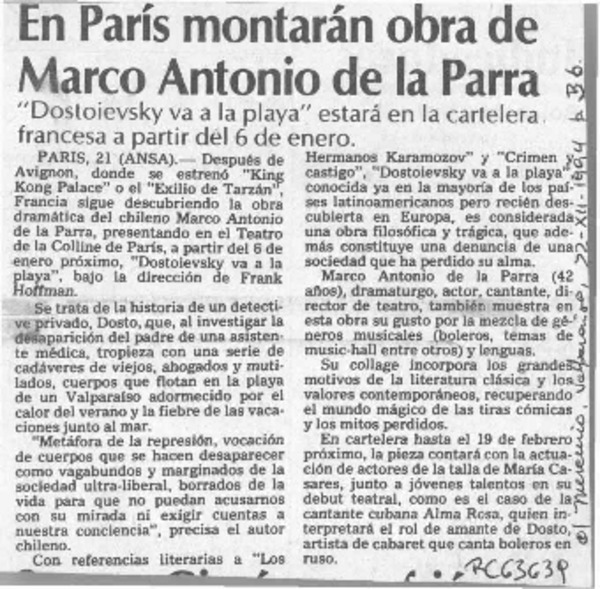 En París montarán obra de Marco Antonio de la Parra  [artículo].