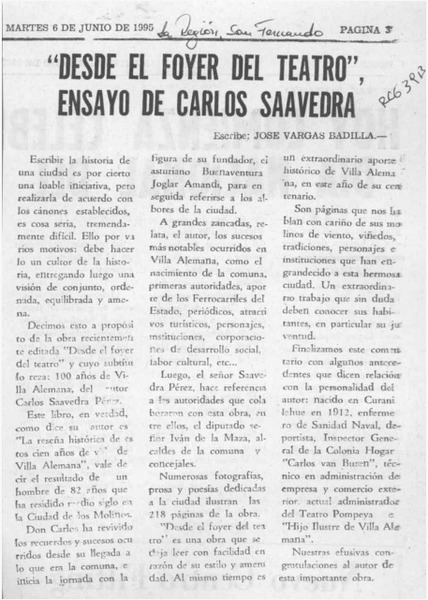 "Desde el foyer del teatro", ensayo de Carlos Saavedra  [artículo] José Vargas Badilla.