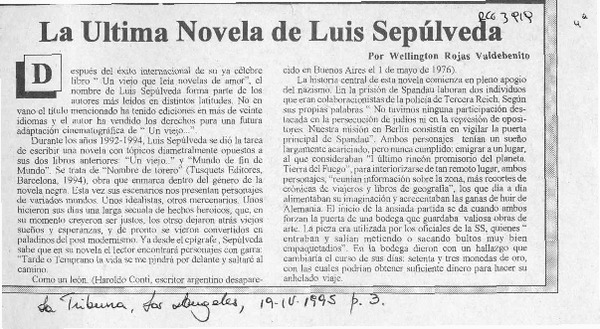 La última novela de Luis Sepúlveda  [artículo] Wellington Rojas Valdebenito.