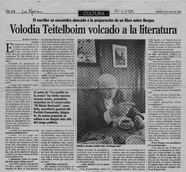 Volodia Teitelboim volcado a la literatura  [artículo] Roberto Viereck.