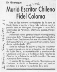 Murió escritor chileno Fidel Coloma  [artículo].