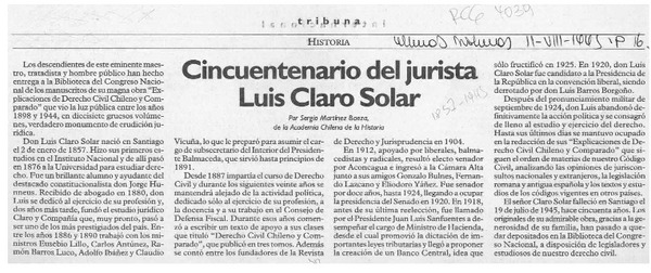 Cincuentenario del jurista Luis Claro Solar  [artículo] Sergio Martínez Baeza.