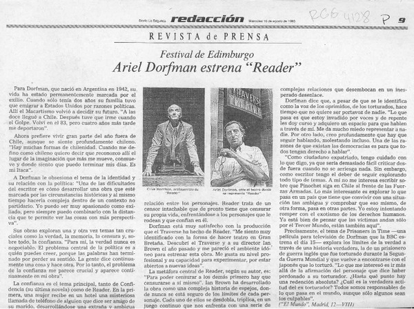 Ariel Dorfman estrena "Reader"  [artículo].