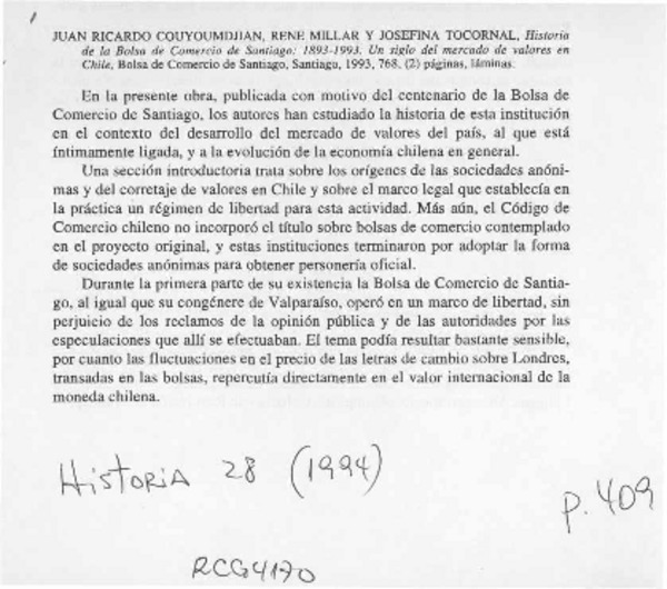 Historia de la Bolsa de Comercio de Santiago, 1893-1993  [artículo] Horacio Aránguiz Donoso.