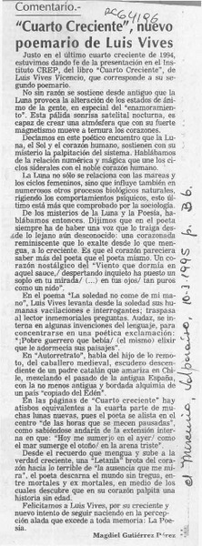 "Cuarto creciente", nuevo poemario de Luis Vives  [artículo] Magdiel Gutiérrez Pérez.