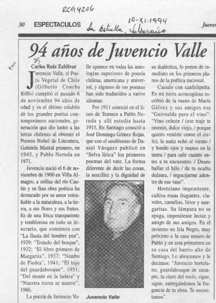 94 años de Juvencio Valle  [artículo] Carlos Ruiz Zaldívar.
