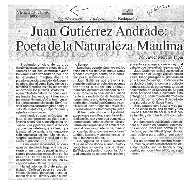 Juan Gutiérrez Andrade, poeta de la naturaleza maulina  [artículo] Javier Moreno Tapia.