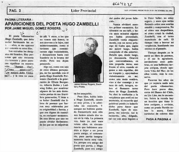 Apariciones del poeta Hugo Zambelli  [artículo] Jaime Miguel Gómez Rogers.