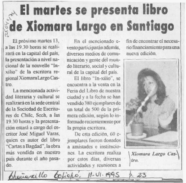 El Martes se presenta libro de Xiomara Largo en Santiago  [artículo].