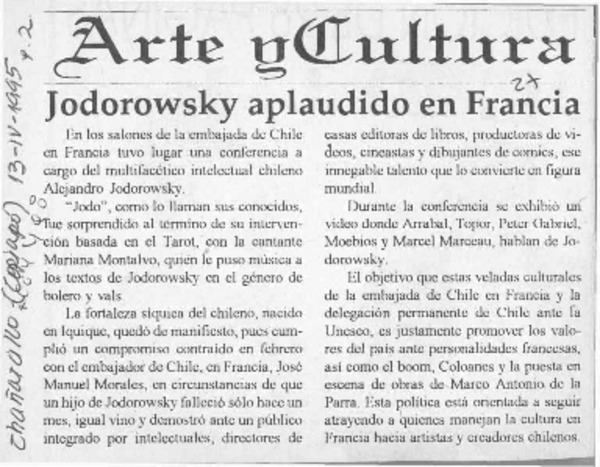 Jodorowsky aplaudido en Francia  [artículo].