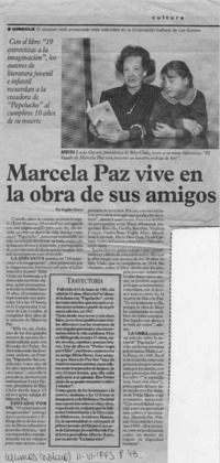 Marcela Paz vive en la obra de sus amigos  [artículo] Angélica Rivera.