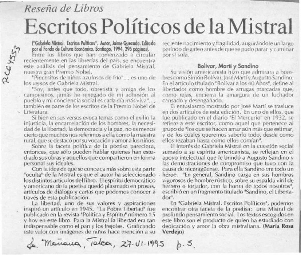 Escritos políticos de la Mistral  [artículo] María Rosa Verdejo.