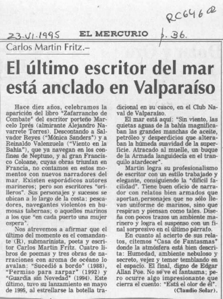 El último escritor del mar está anclado en Valparaíso  [artículo] Claudio Solar.
