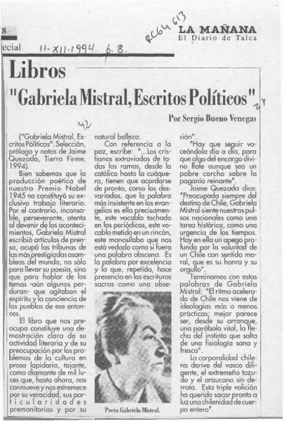 "Gabriela Mistral, escritos políticos"  [artículo] Sergio Bueno Venegas.