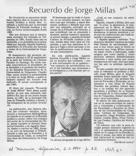 Recuerdo de Jorge Millas  [artículo] Abel Brevis Azócar.