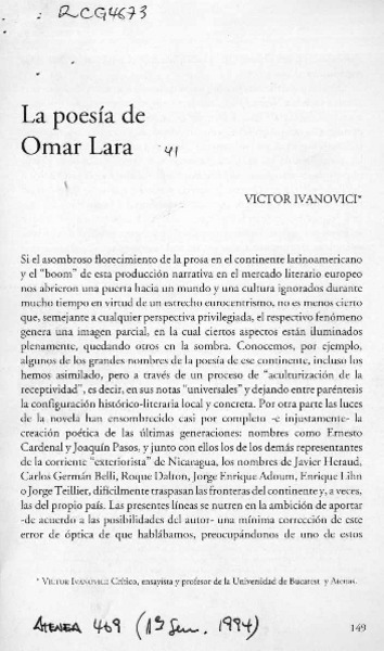 La poesía de Omar Lara  [artículo] Víctor Ivanovici.