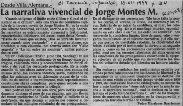 La narrativa vivencial de Jorge Montes M.  [artículo] Pedro Mardones Barrientos.