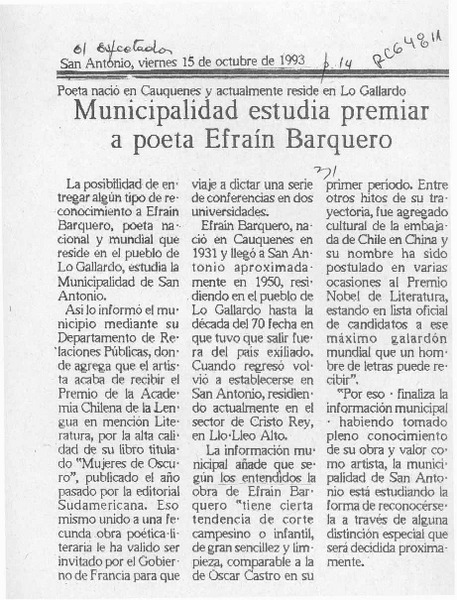 Municipalidad estudia premiar a poeta Efraín Barquero  [artículo].