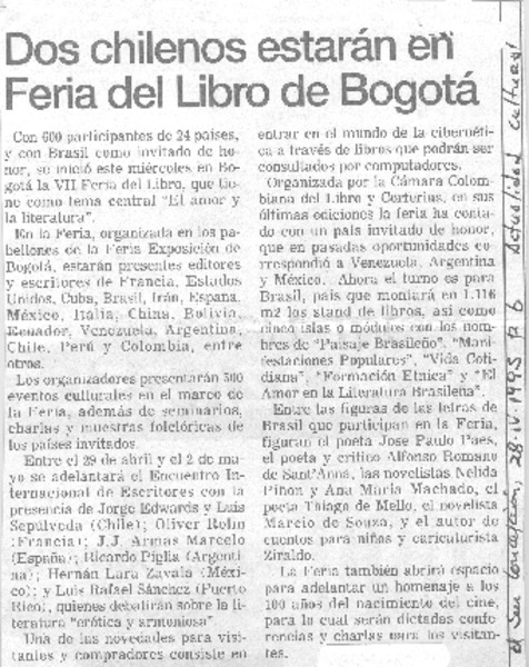 Dos chilenos estarán en Feria del Libro de Bogotá